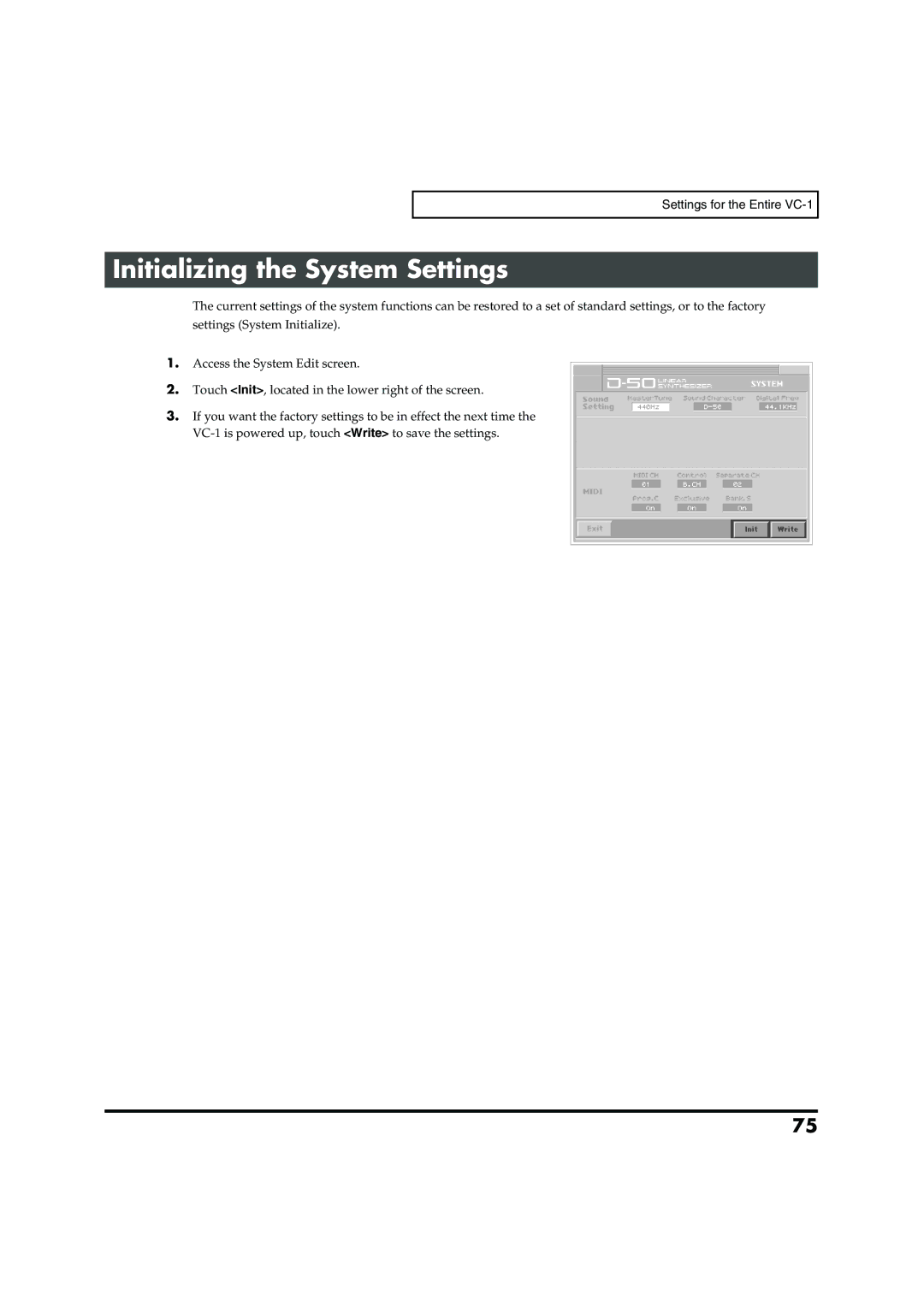 Roland VC-1 D-50 owner manual Initializing the System Settings 