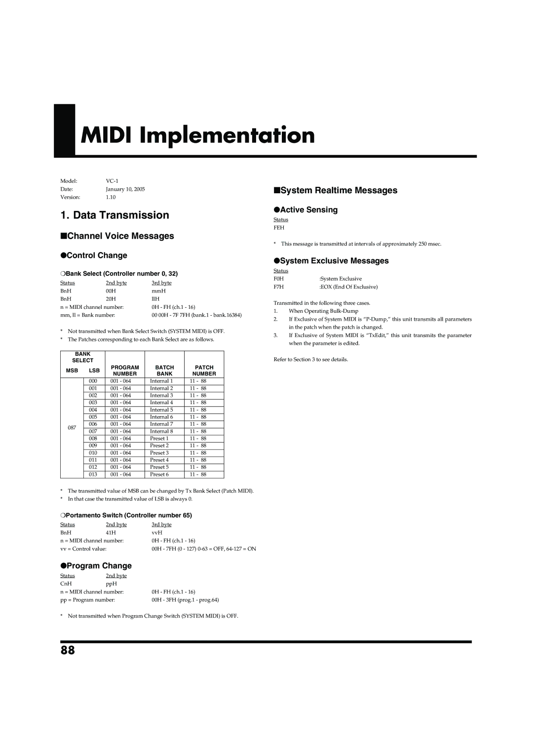 Roland VC-1 D-50 owner manual Midi Implementation, Data Transmission 