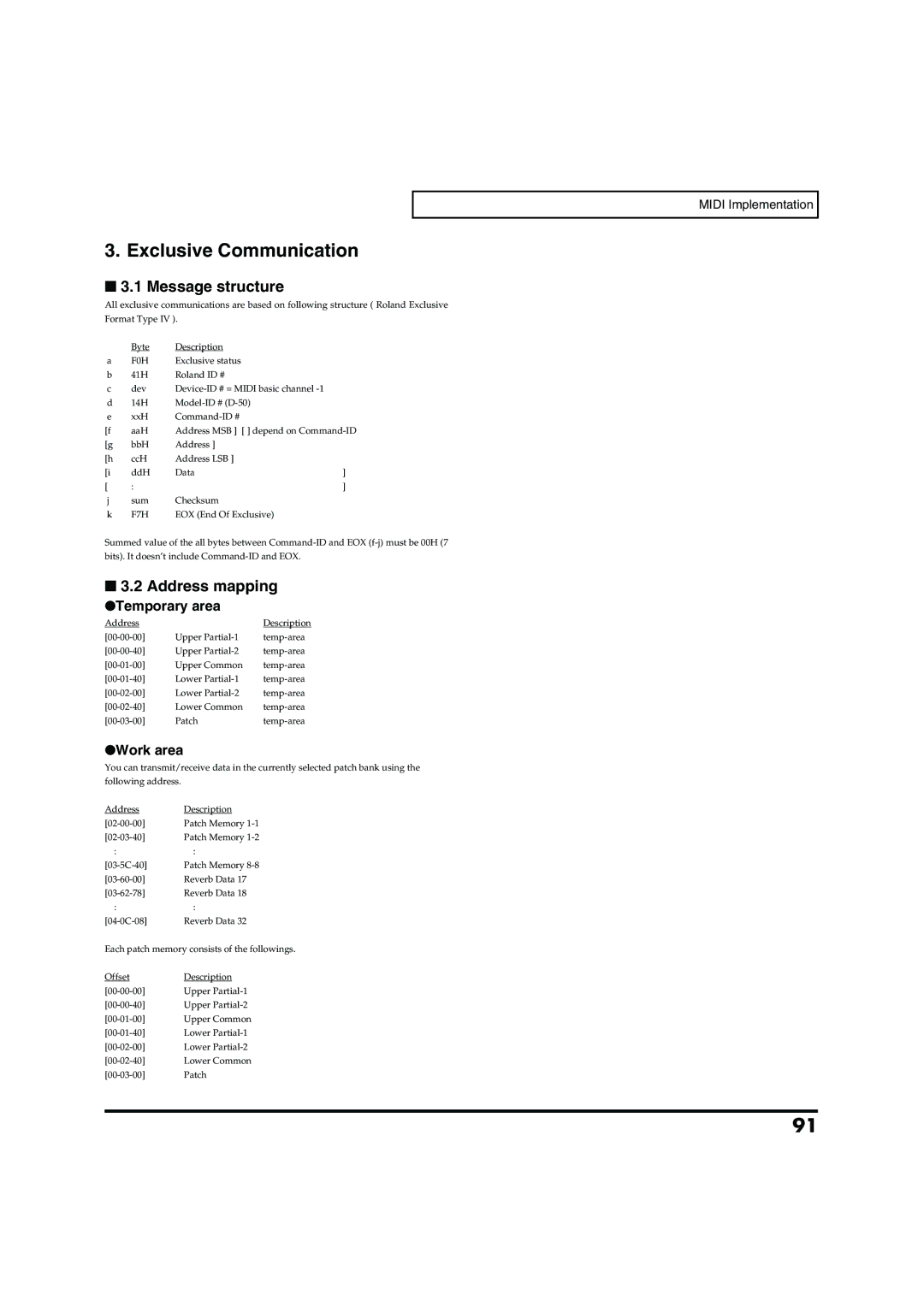 Roland VC-1 D-50 owner manual Exclusive Communication 