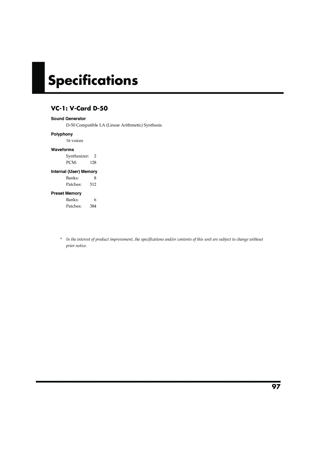 Roland VC-1 D-50 owner manual Specifications, VC-1 V-Card D-50 