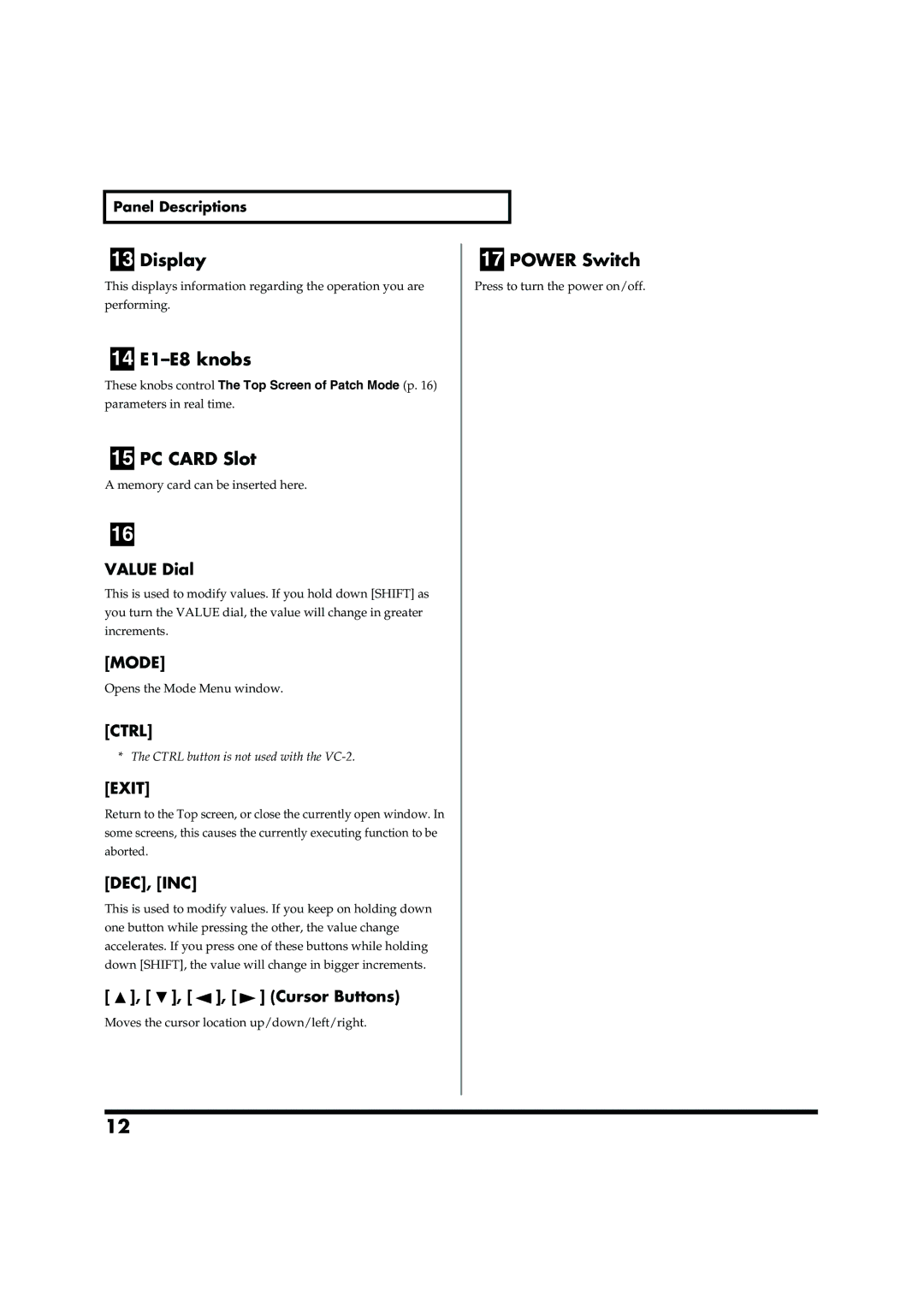 Roland VC-2 owner manual Display, 14 E1-E8 knobs, PC Card Slot, Power Switch 