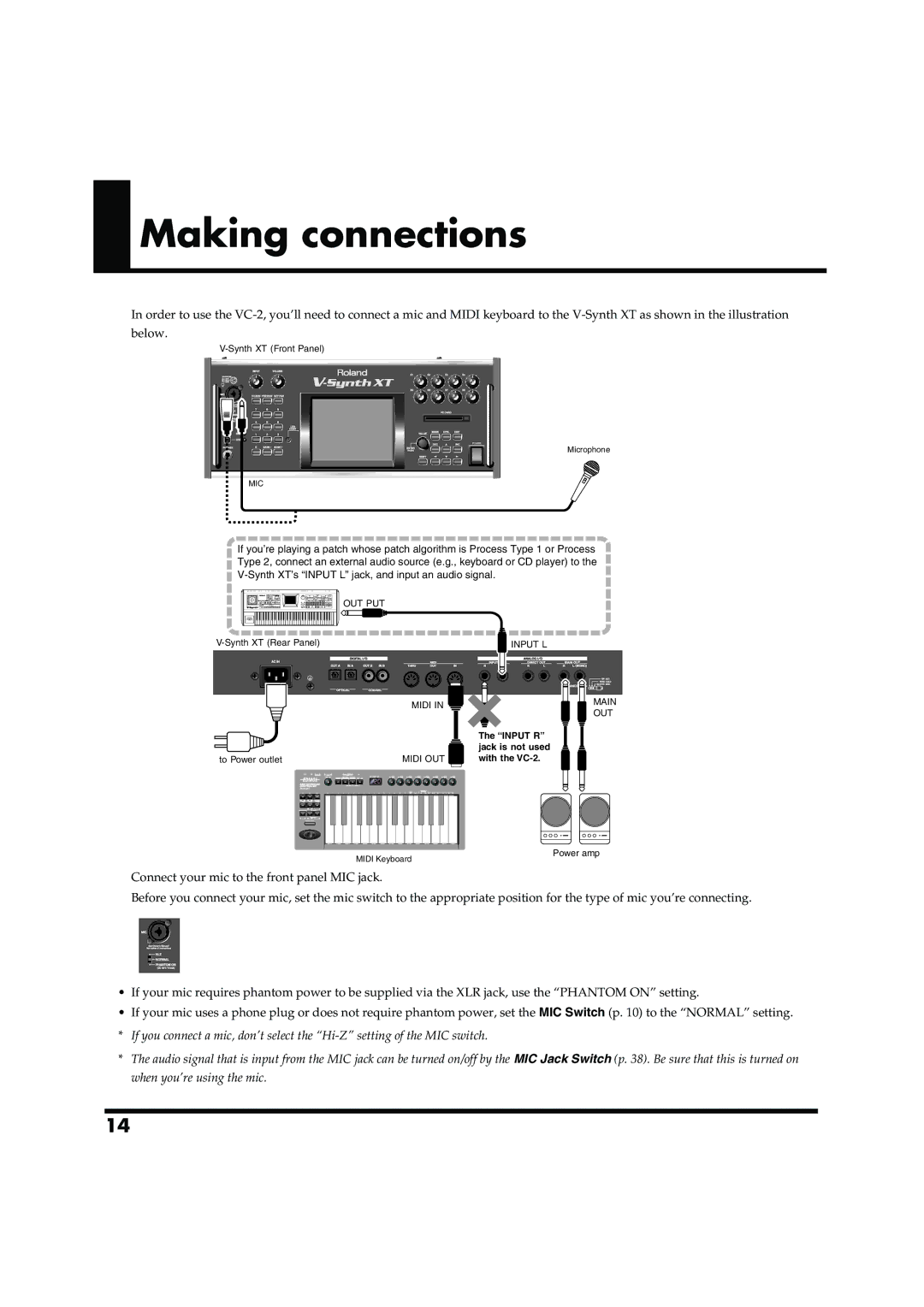 Roland VC-2 owner manual Making connections, Connect your mic to the front panel MIC jack 