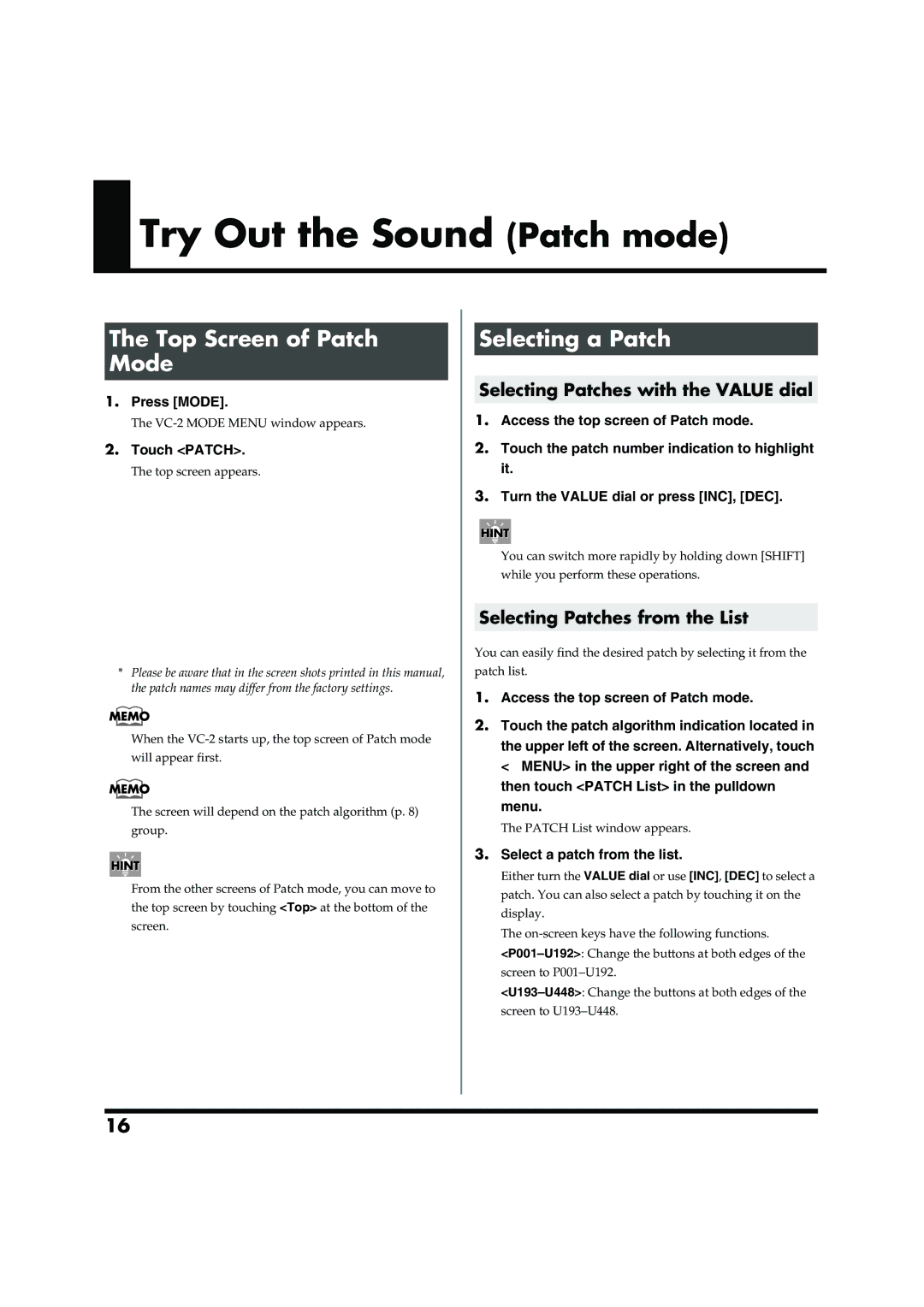 Roland VC-2 Try Out the Sound Patch mode, Top Screen of Patch Mode, Selecting a Patch, Selecting Patches from the List 