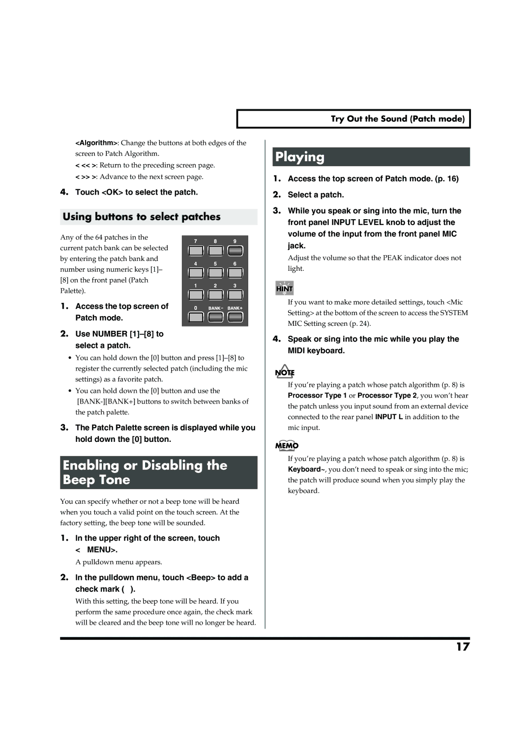 Roland VC-2 owner manual Playing, Enabling or Disabling, Beep Tone, Using buttons to select patches 