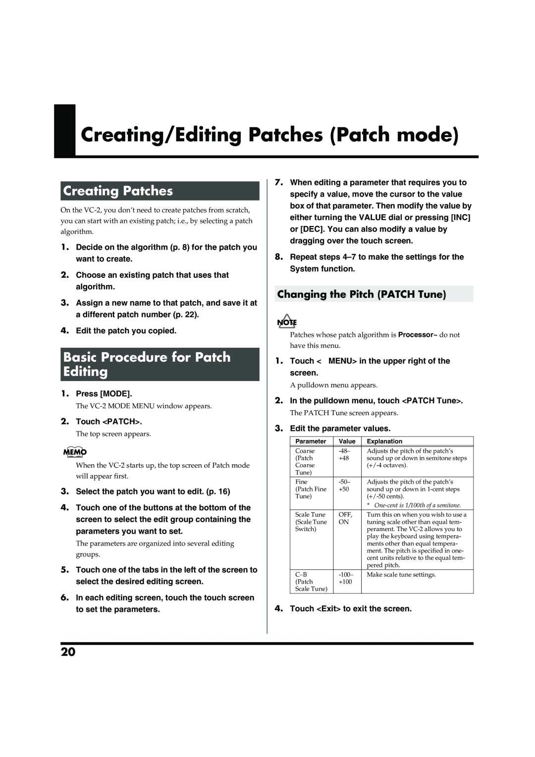 Roland VC-2 owner manual Creating Patches, Basic Procedure for Patch Editing, Changing the Pitch Patch Tune 