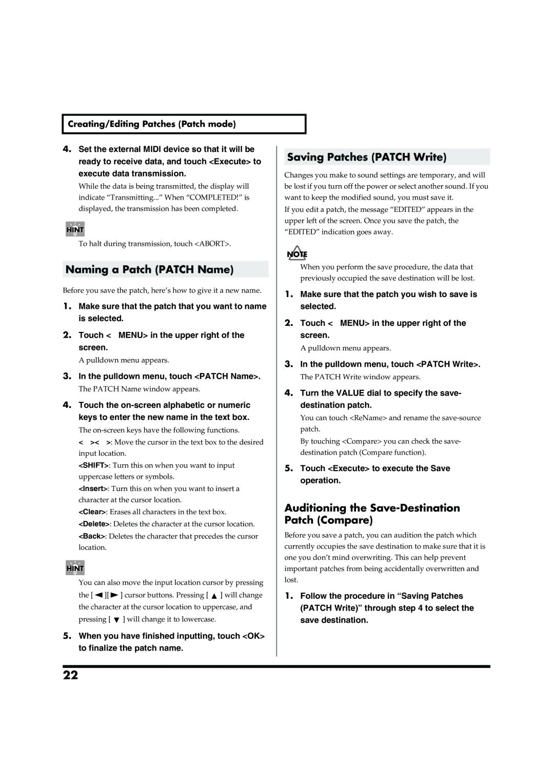 Roland VC-2 Naming a Patch Patch Name, Saving Patches Patch Write, Auditioning the Save-Destination Patch Compare 