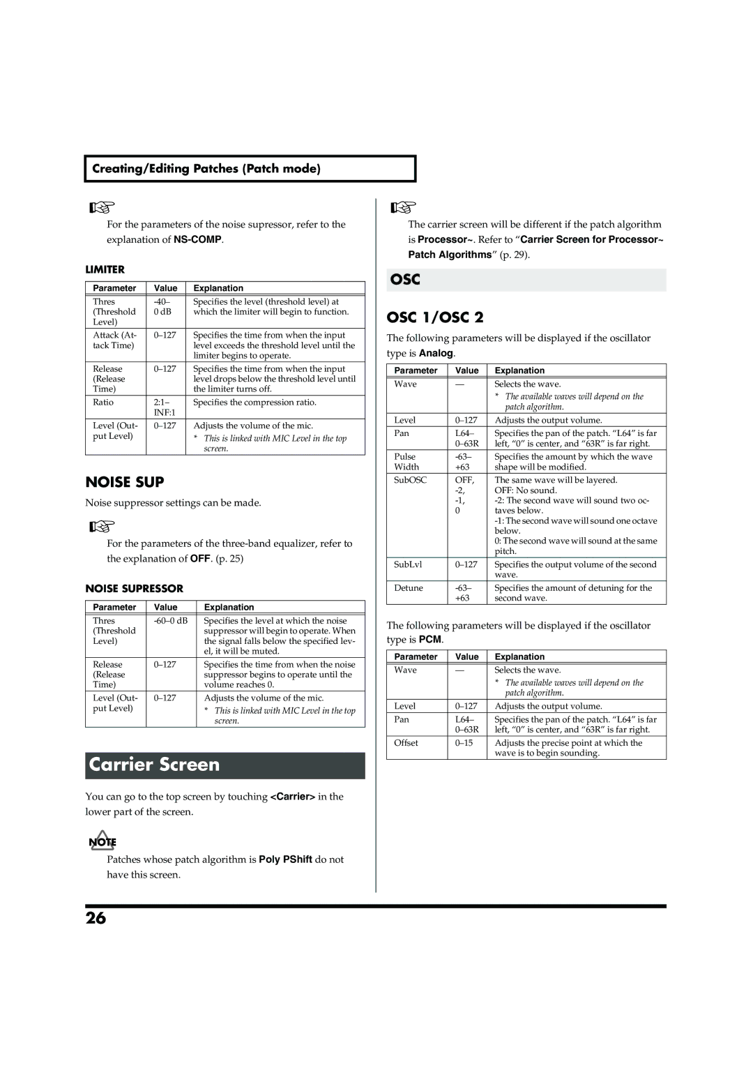 Roland VC-2 owner manual Carrier Screen, Noise SUP, OSC OSC 1/OSC, INF1 