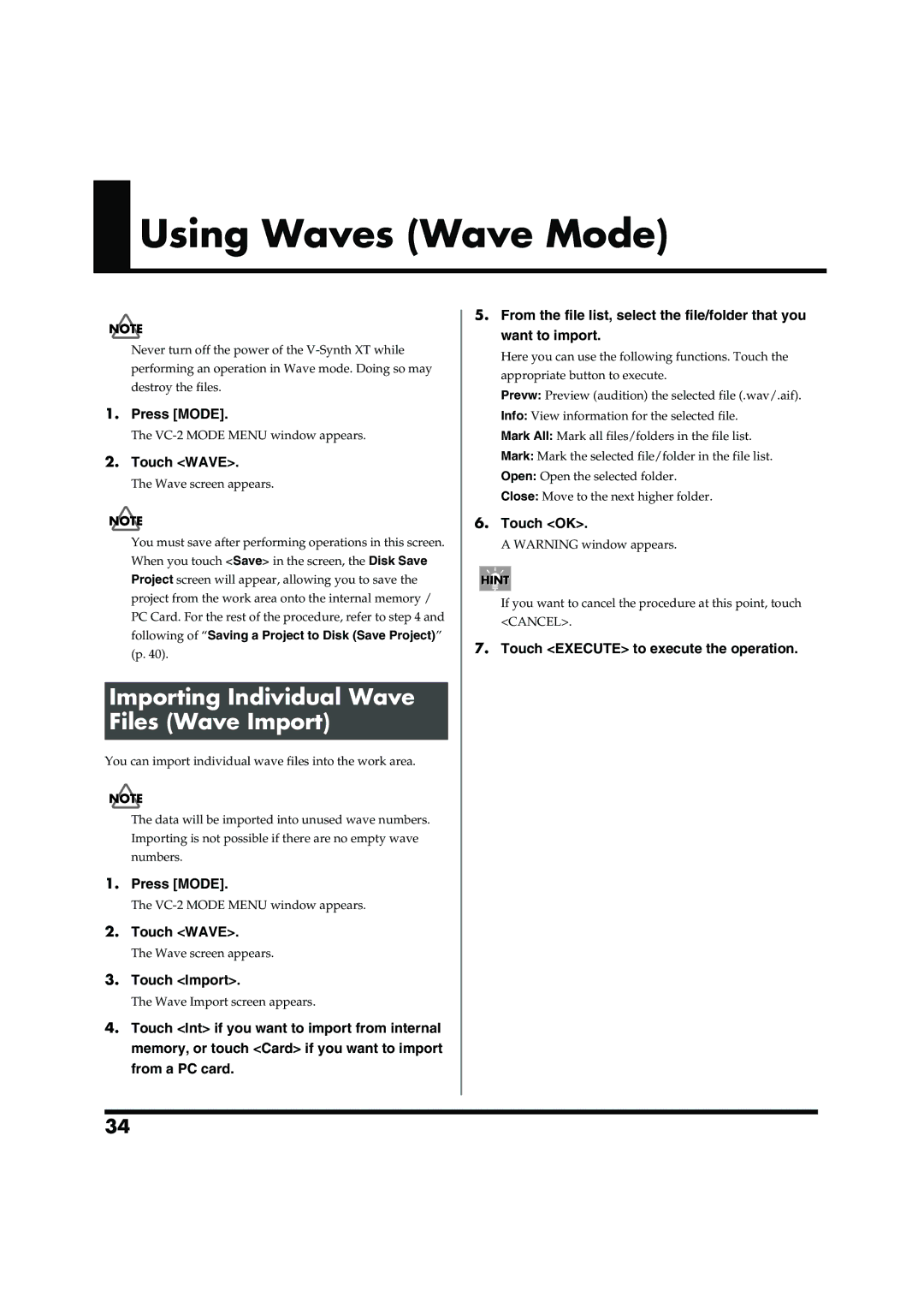 Roland VC-2 owner manual Using Waves Wave Mode, Importing Individual Wave Files Wave Import 