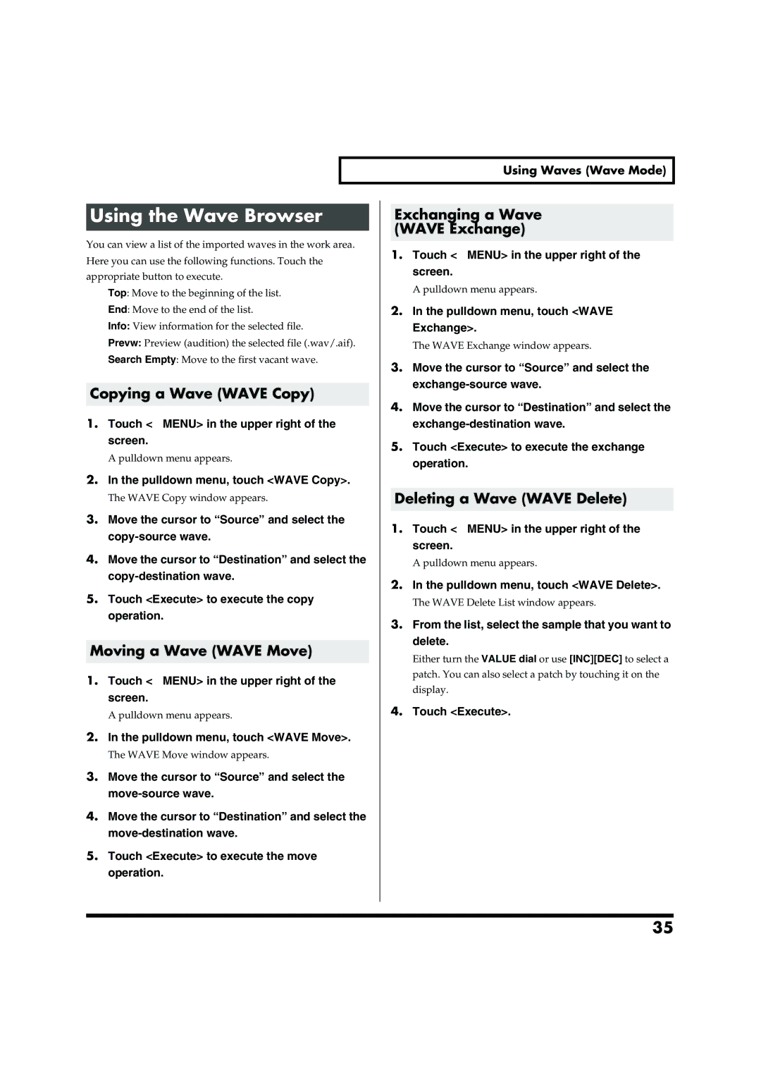 Roland VC-2 Using the Wave Browser, Copying a Wave Wave Copy, Moving a Wave Wave Move, Exchanging a Wave Wave Exchange 
