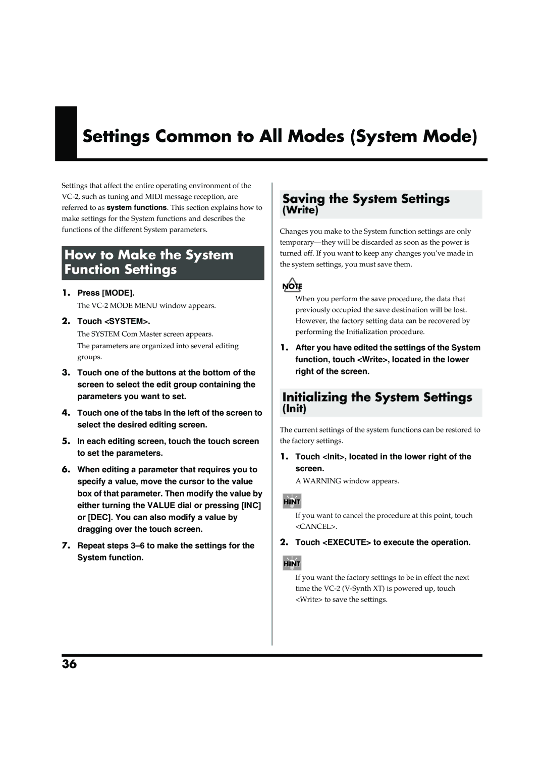 Roland VC-2 owner manual How to Make the System Function Settings, Write, Init, Touch System 