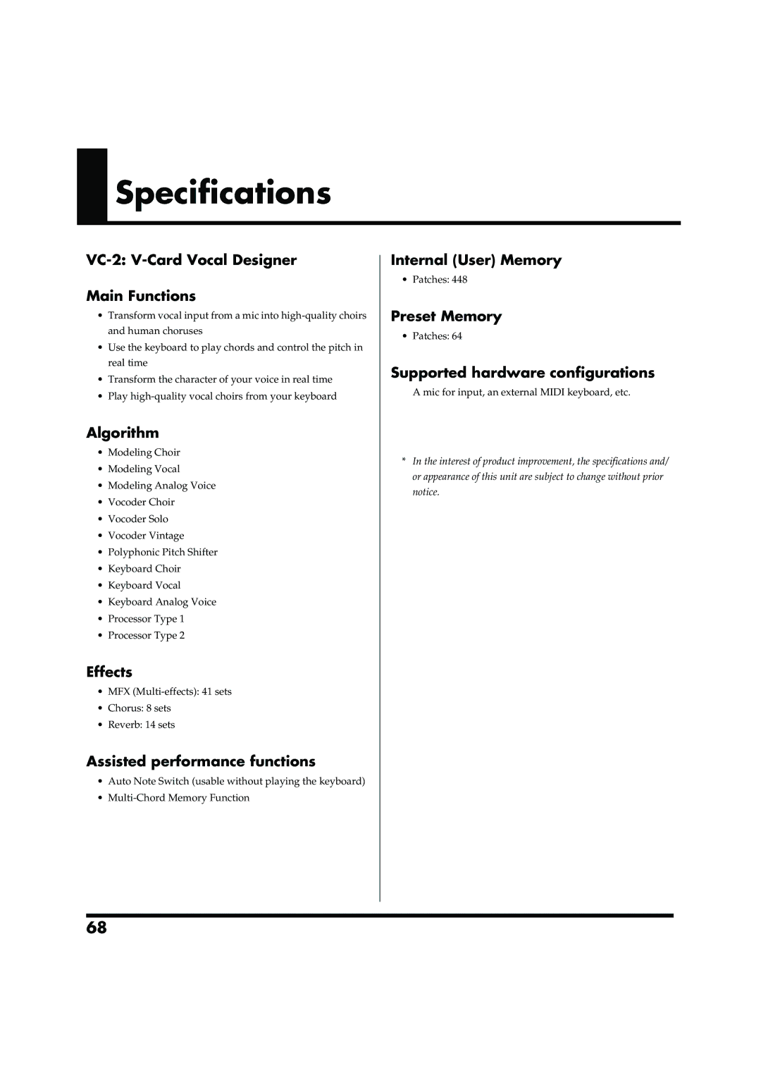 Roland VC-2 owner manual Specifications 