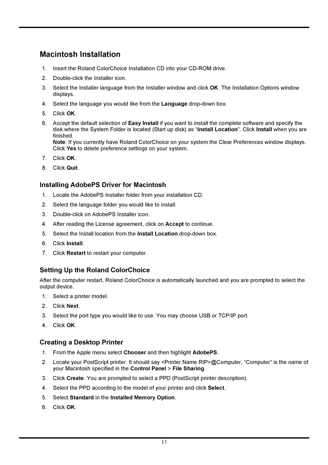 Roland Ver. 4.5 user manual Macintosh Installation, Installing AdobePS Driver for Macintosh, Creating a Desktop Printer 