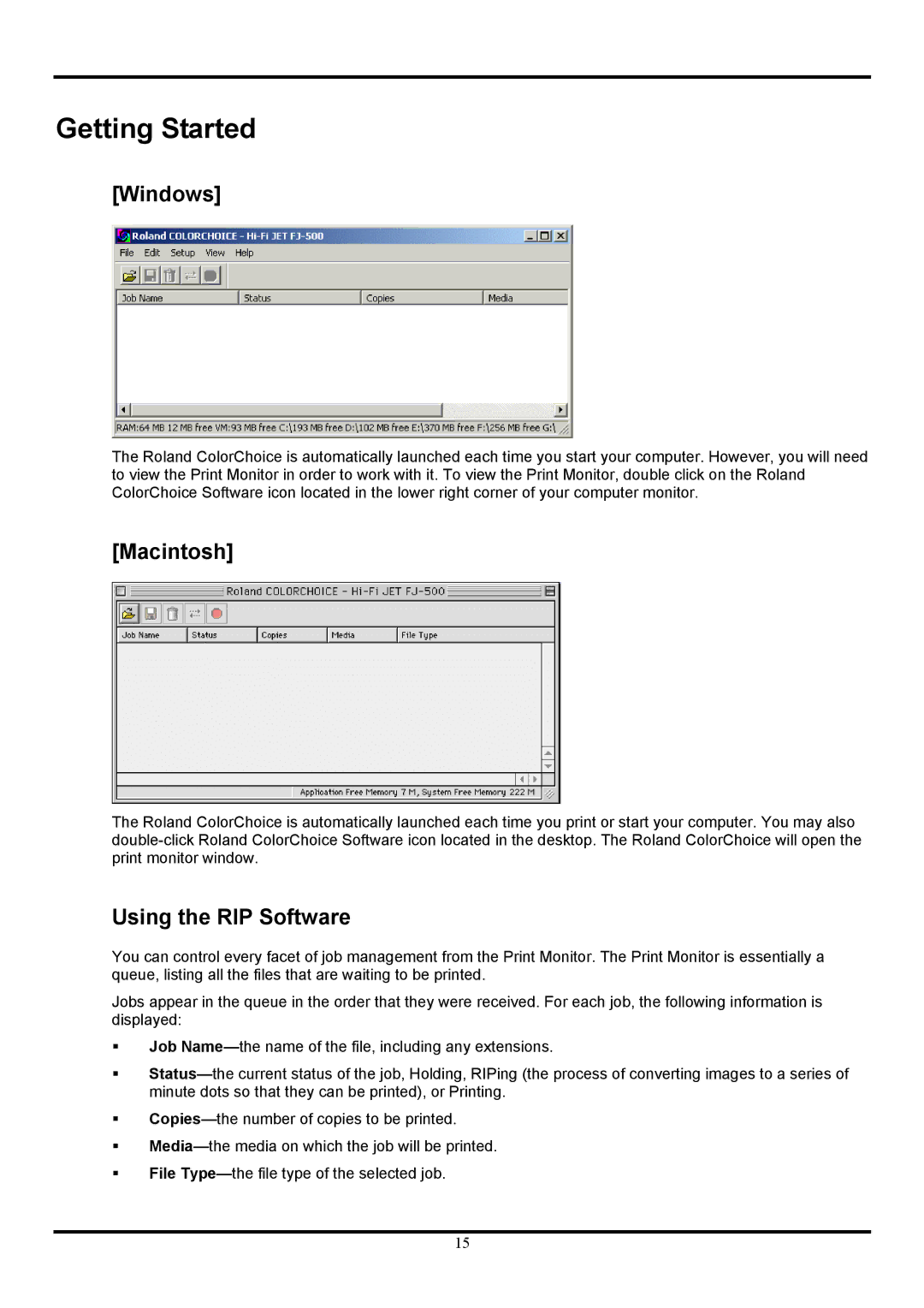 Roland Ver. 4.5 user manual Getting Started, Windows, Macintosh, Using the RIP Software 