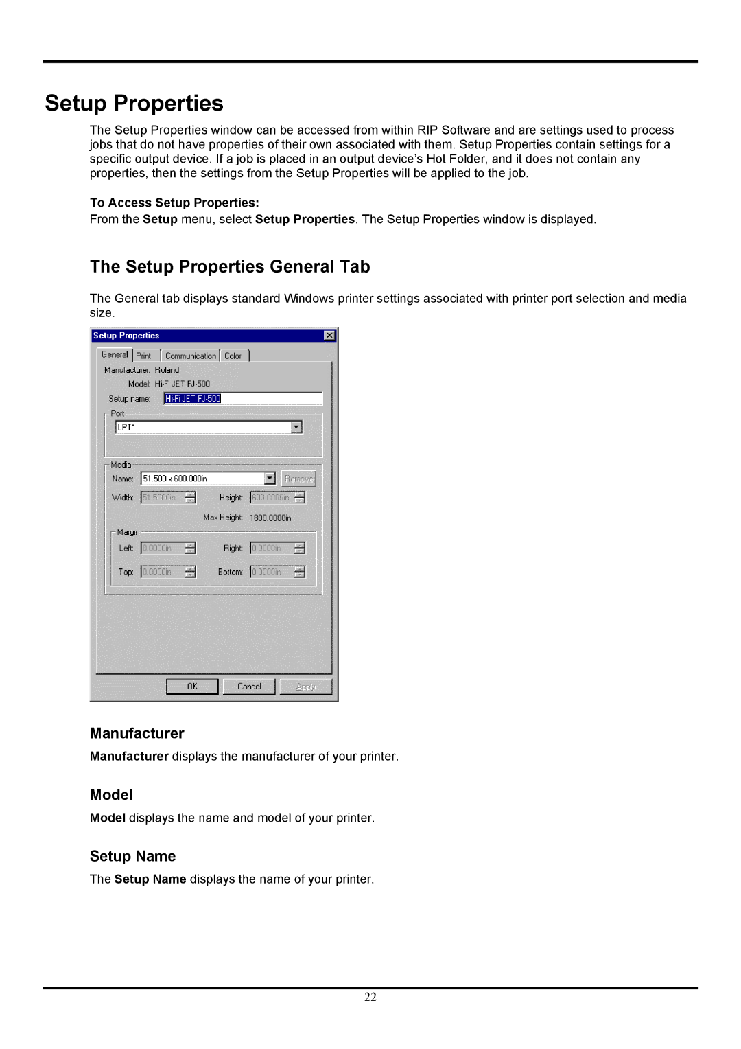 Roland Ver. 4.5 user manual Setup Properties General Tab, Manufacturer, Model, Setup Name 