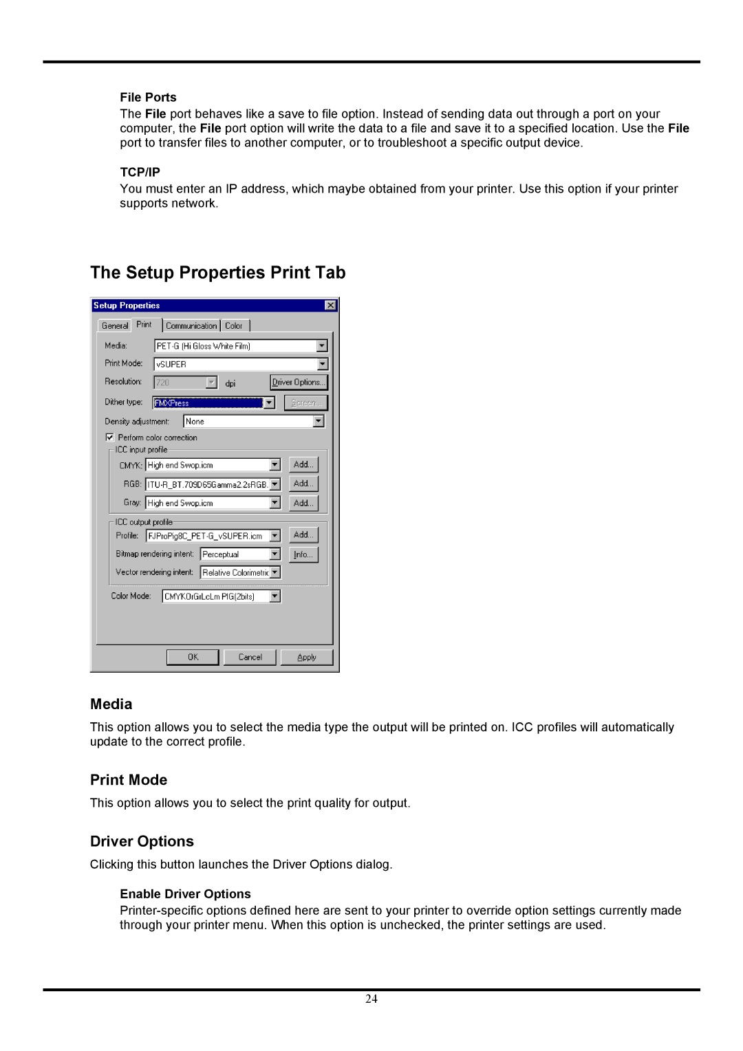 Roland Ver. 4.5 user manual Setup Properties Print Tab, Print Mode, Enable Driver Options 