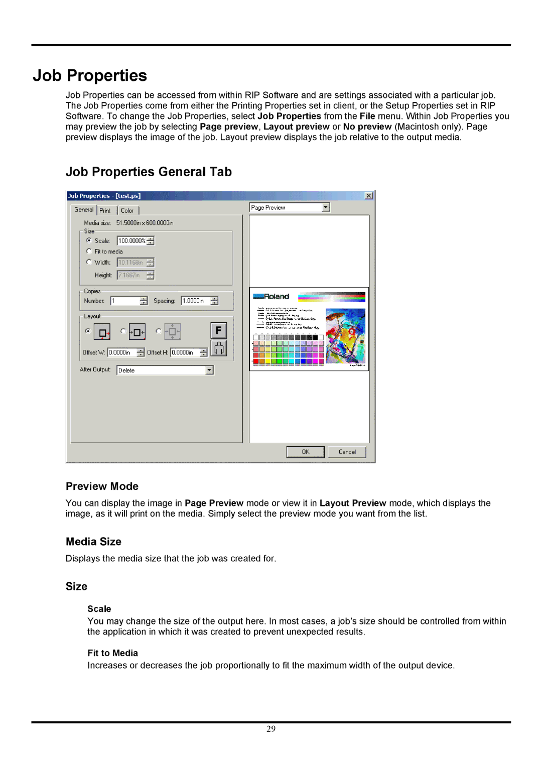 Roland Ver. 4.5 user manual Job Properties General Tab, Preview Mode, Media Size 