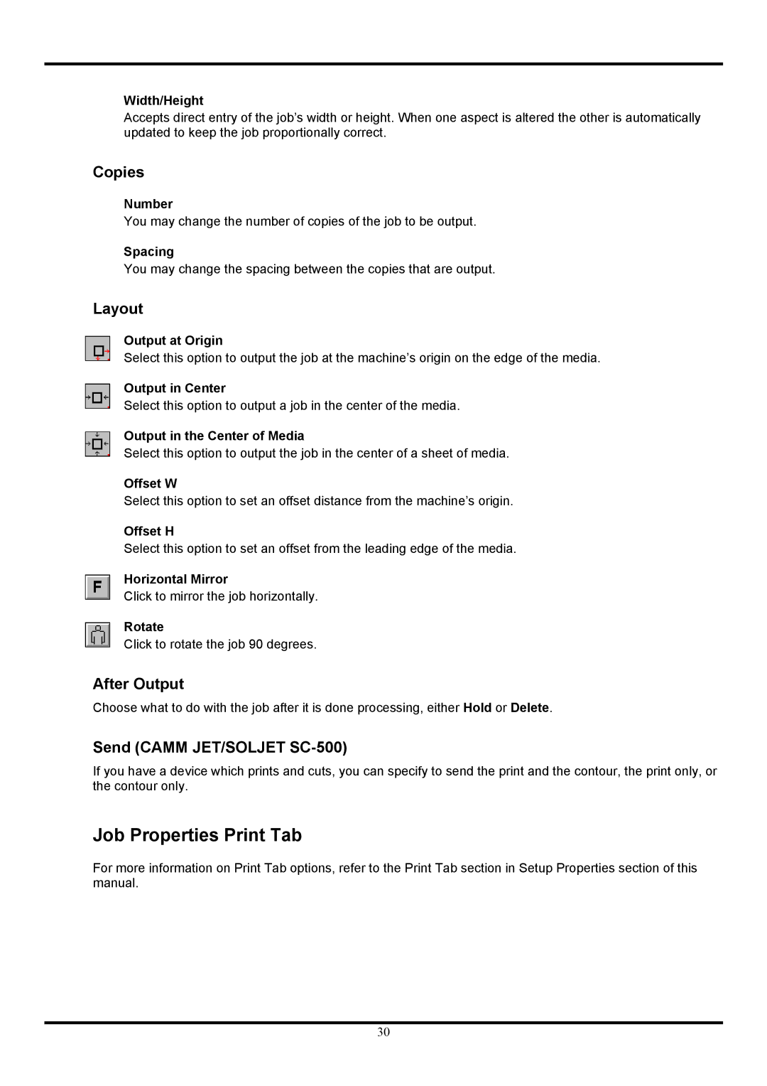 Roland Ver. 4.5 user manual Job Properties Print Tab, Copies, Layout, After Output, Send Camm JET/SOLJET SC-500 