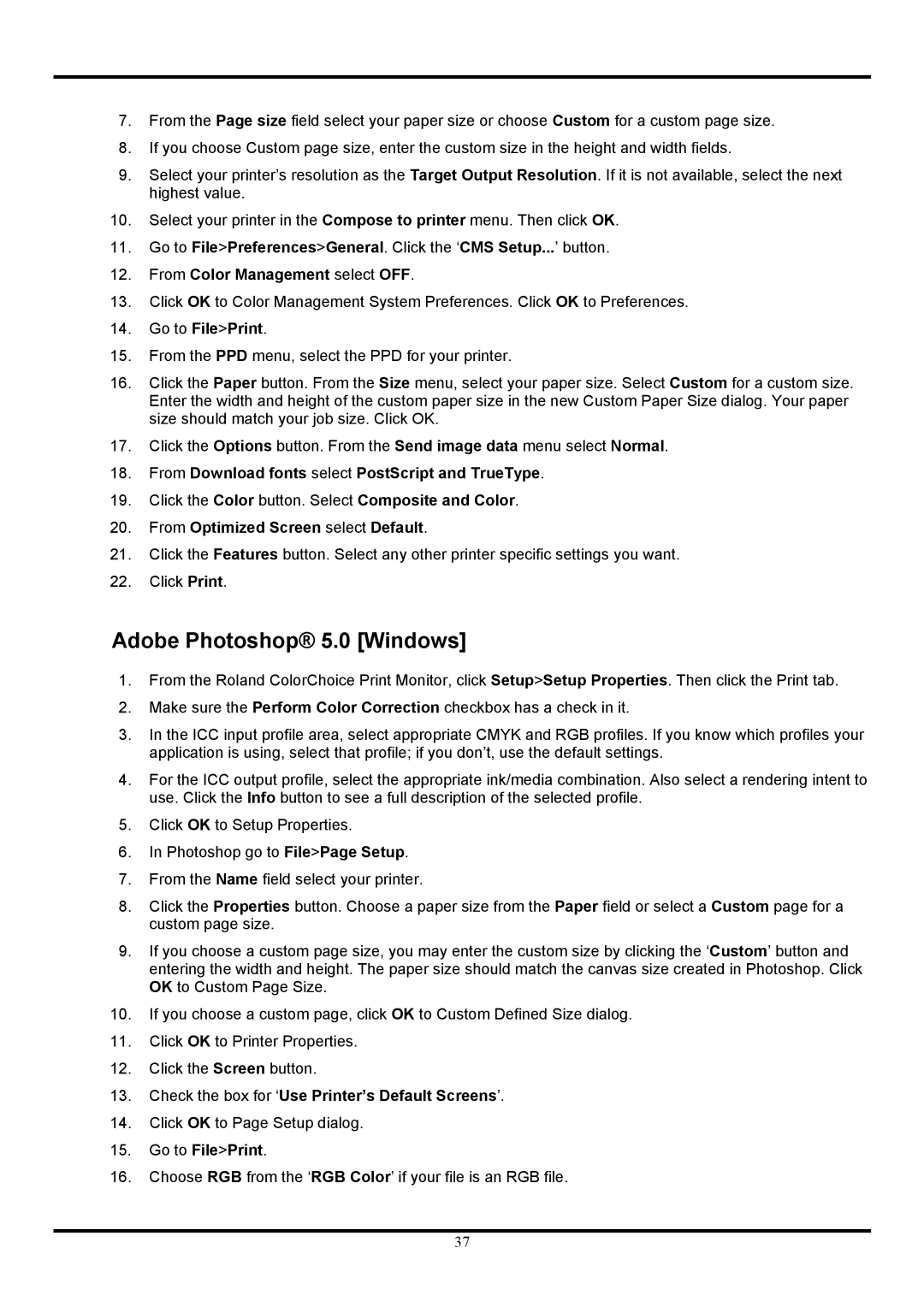 Roland Ver. 4.5 user manual Adobe Photoshop 5.0 Windows, From Download fonts select PostScript and TrueType 