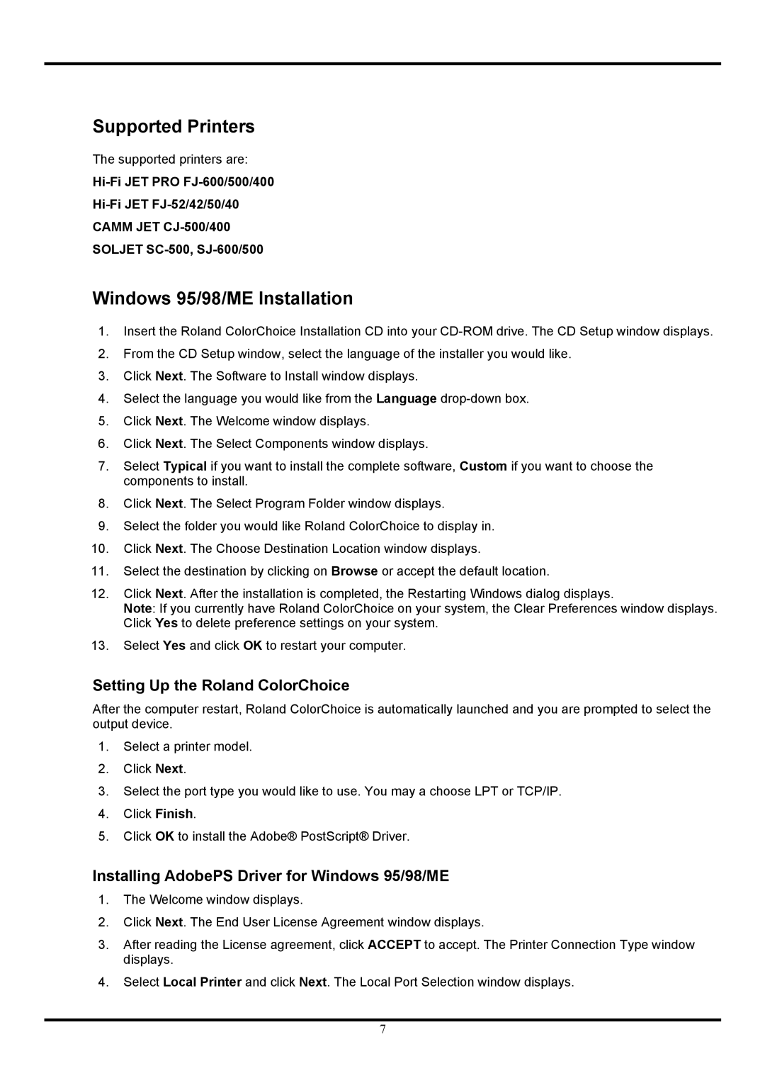 Roland Ver. 4.5 user manual Supported Printers, Windows 95/98/ME Installation, Setting Up the Roland ColorChoice 