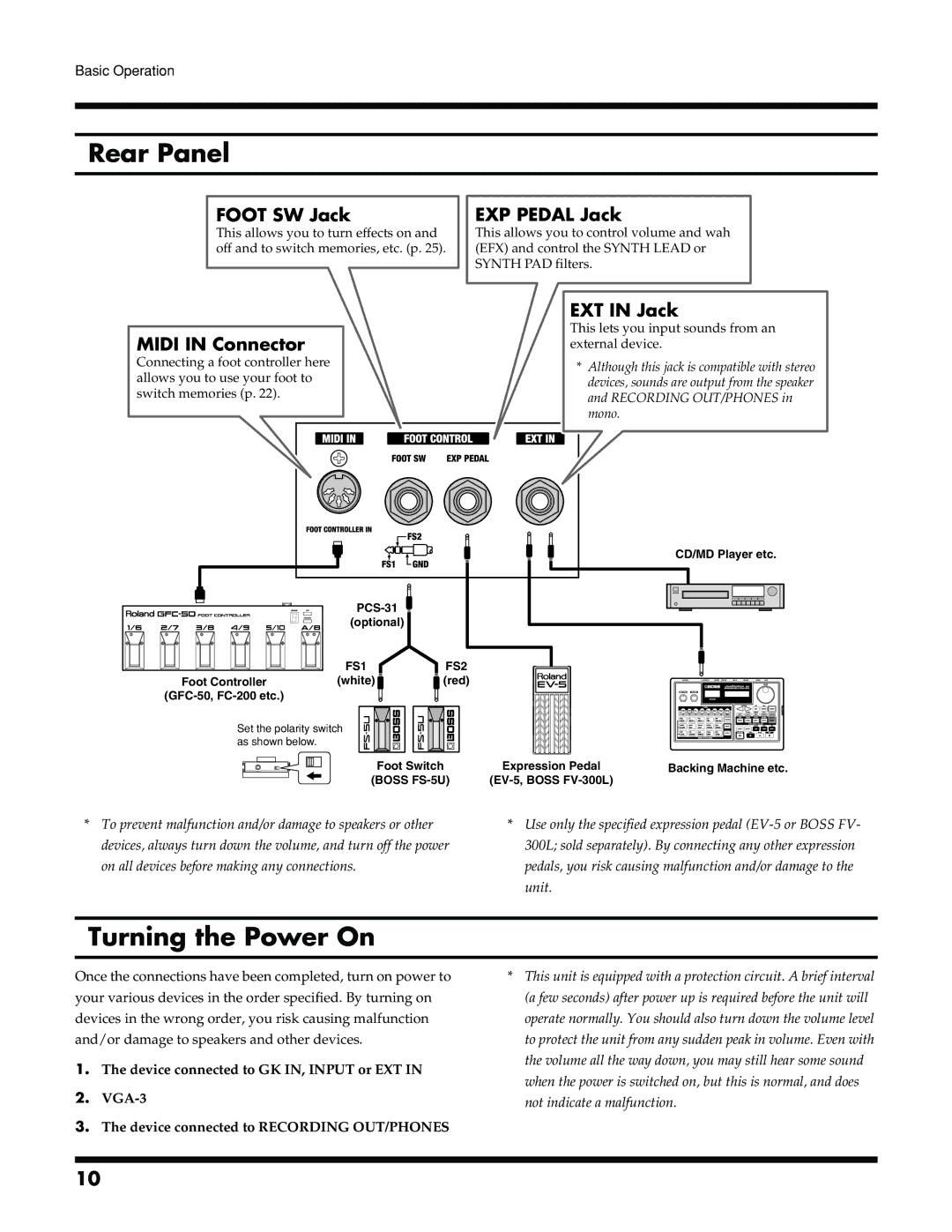 Roland VGA-3 owner manual Rear Panel, Turning the Power On 