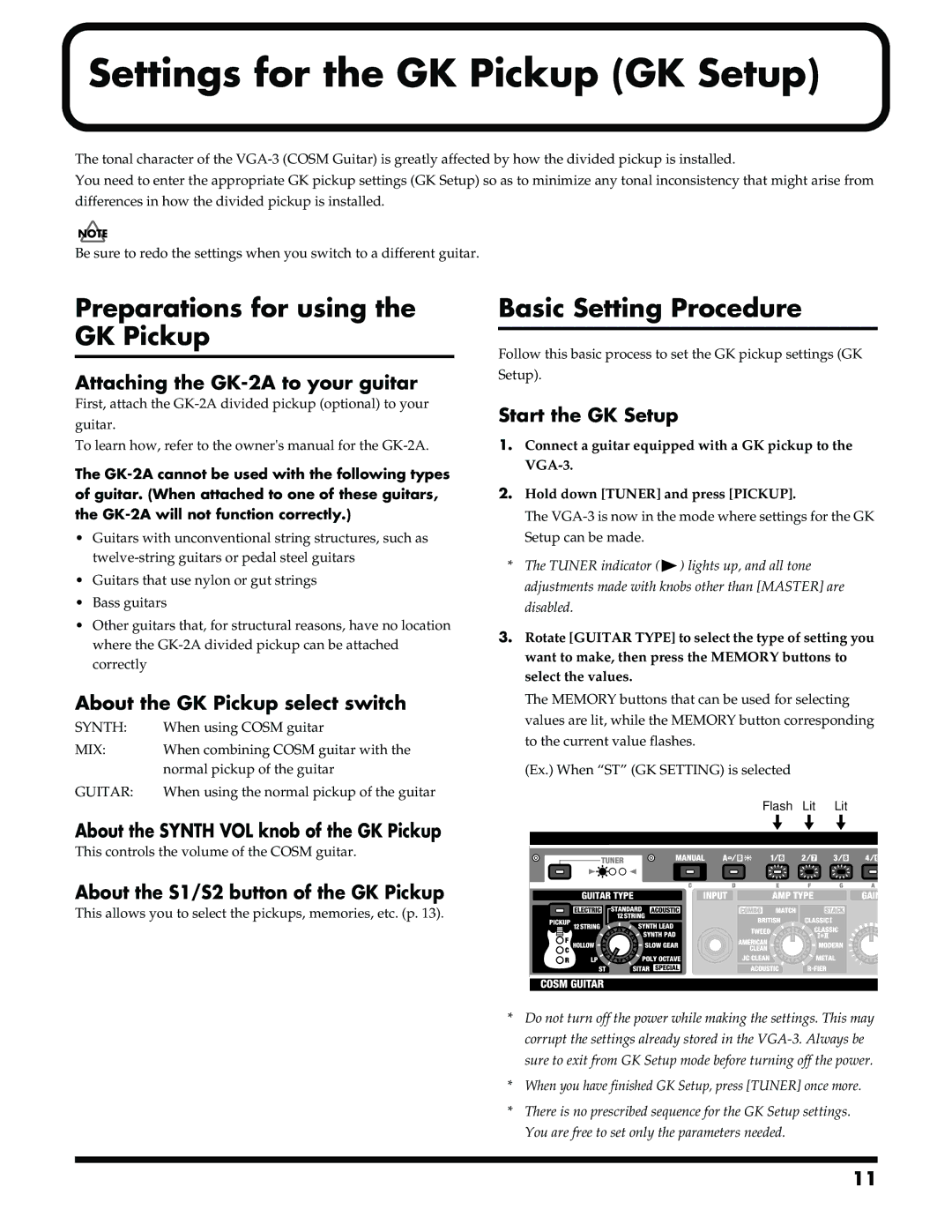 Roland VGA-3 Settings for the GK Pickup GK Setup, Preparations for using the GK Pickup, Basic Setting Procedure 