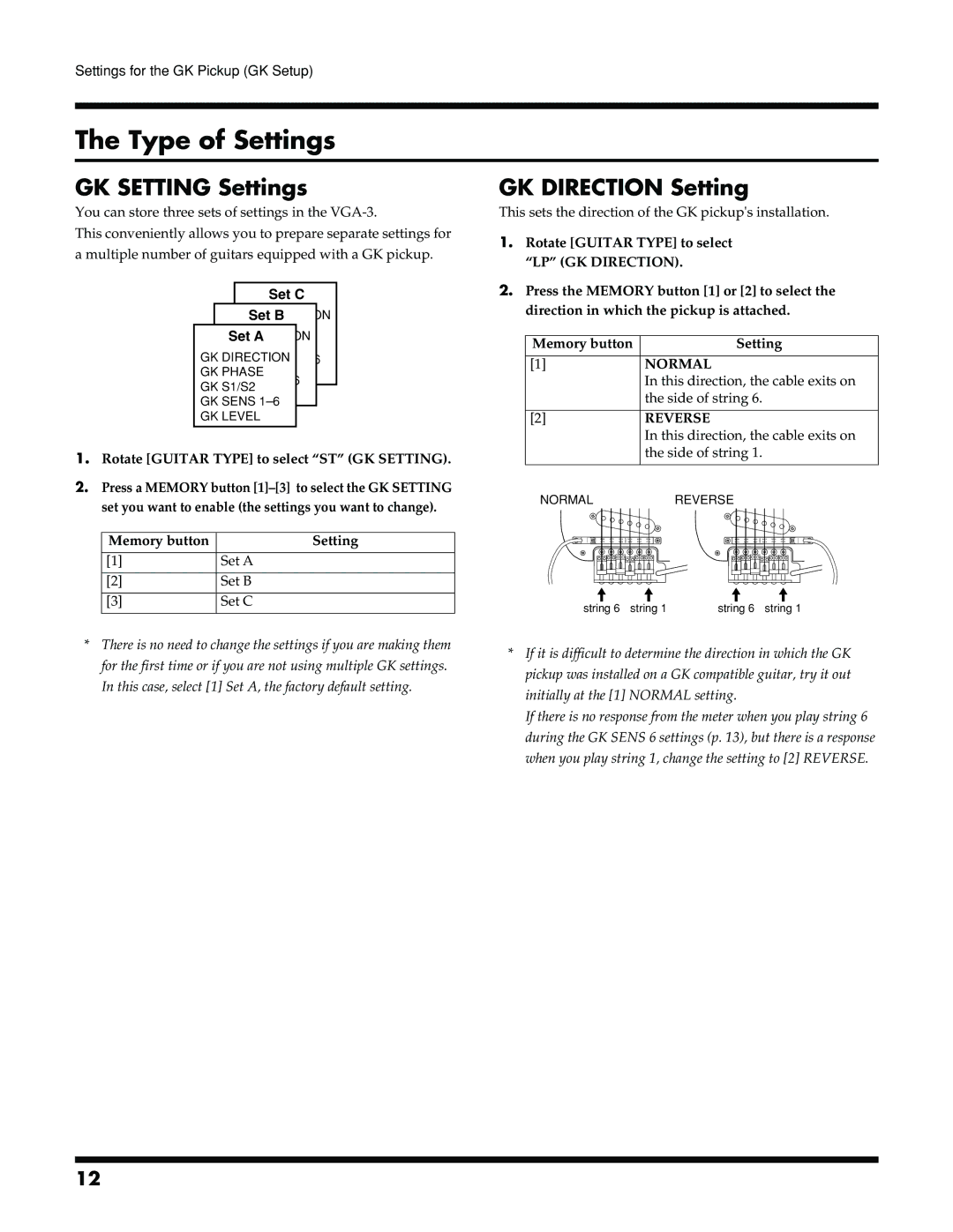 Roland VGA-3 owner manual Type of Settings, GK Setting Settings, GK Direction Setting 