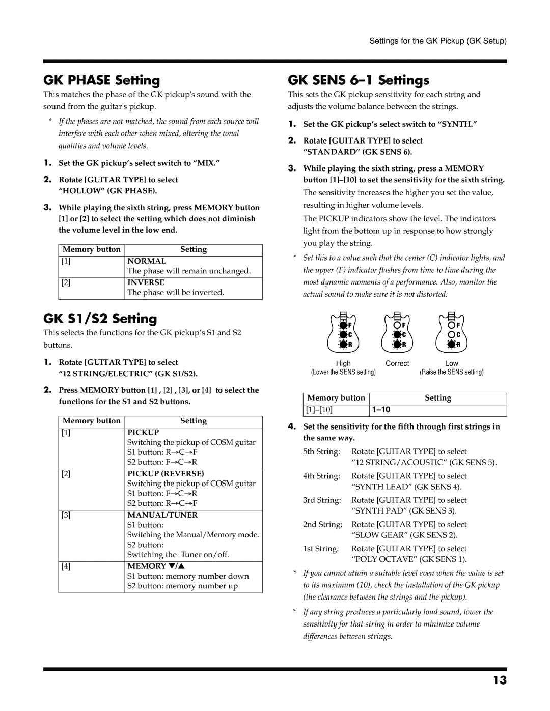 Roland VGA-3 owner manual GK Phase Setting, GK S1/S2 Setting, GK Sens 6-1 Settings, Rotate Guitar Type to select, Memory 