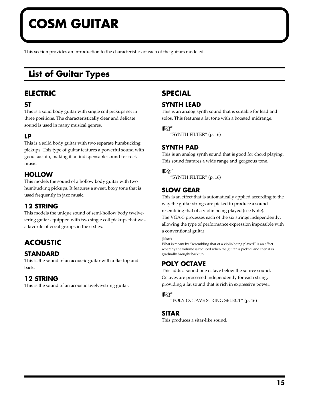 Roland VGA-3 owner manual List of Guitar Types, Electric, Acoustic, Special 