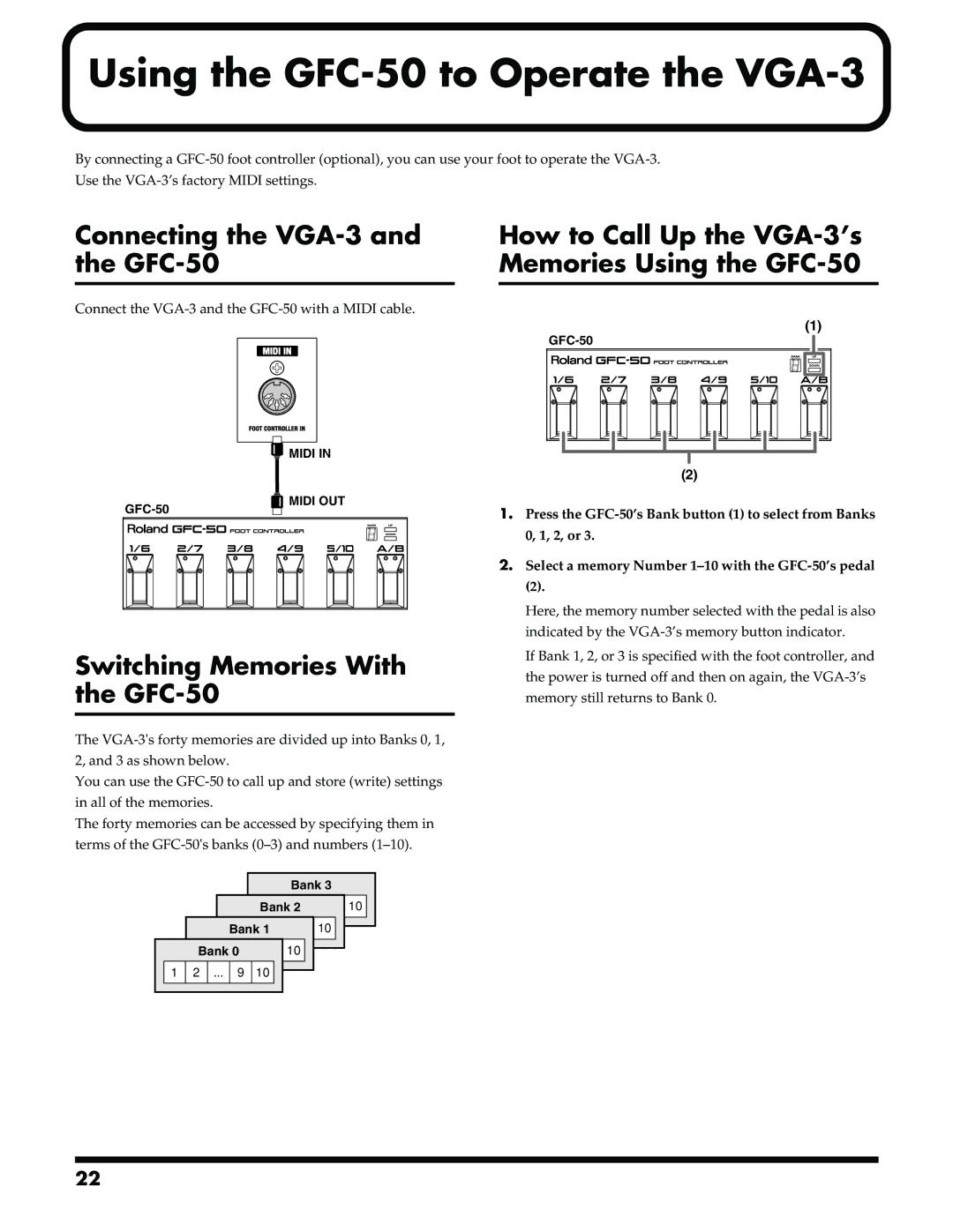 Roland Using the GFC-50 to Operate the VGA-3, Connecting the VGA-3 and the GFC-50, Switching Memories With the GFC-50 