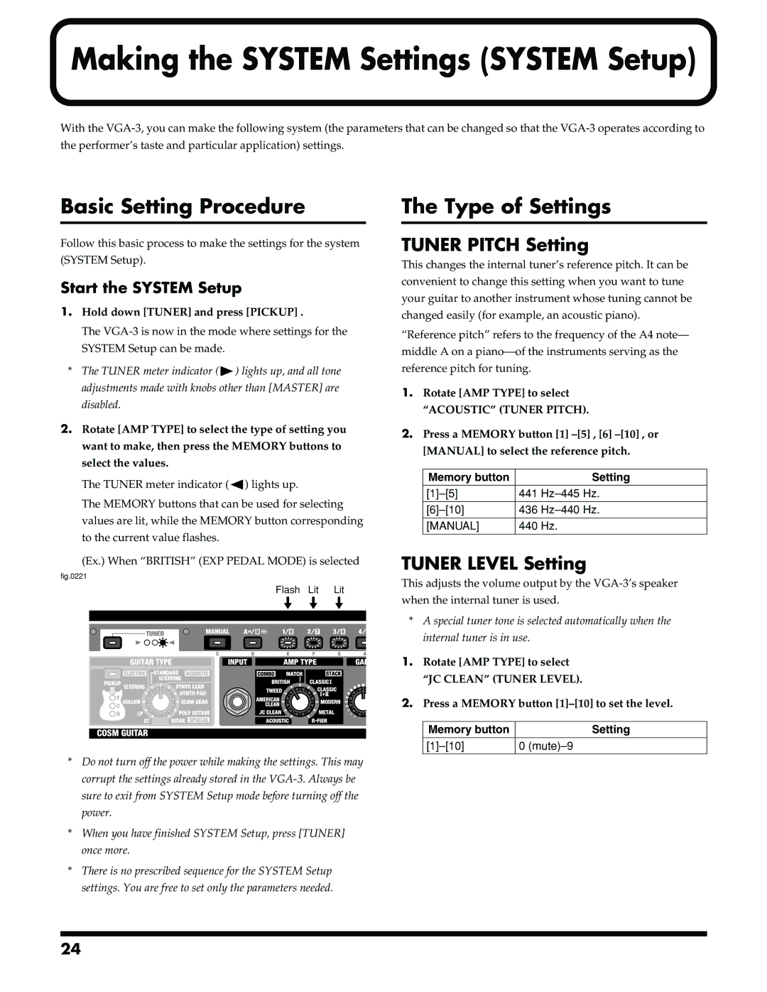 Roland VGA-3 Making the System Settings System Setup, Tuner Pitch Setting, Tuner Level Setting, Start the System Setup 