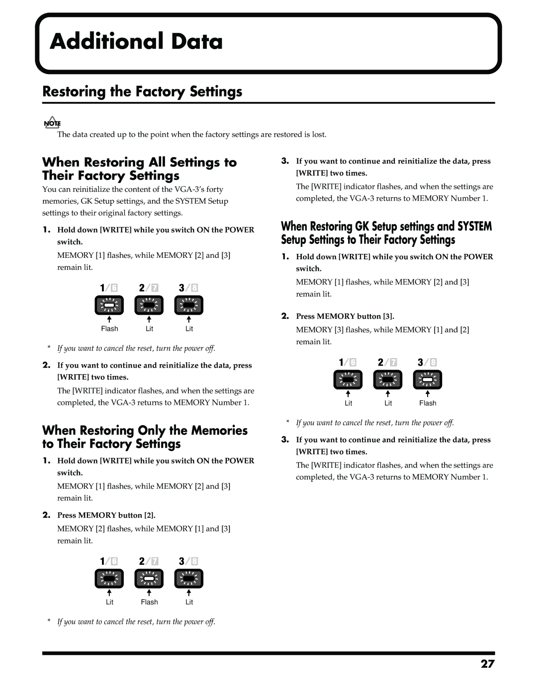 Roland VGA-3 Additional Data, Restoring the Factory Settings, When Restoring All Settings to Their Factory Settings 