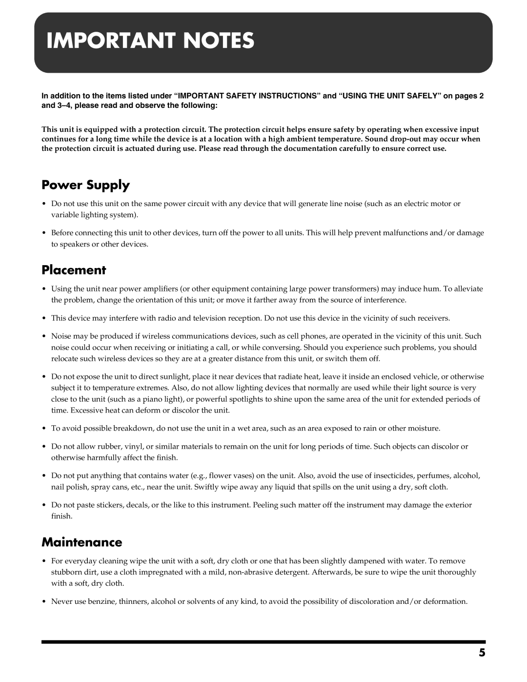 Roland VGA-3 owner manual Power Supply, Placement, Maintenance 