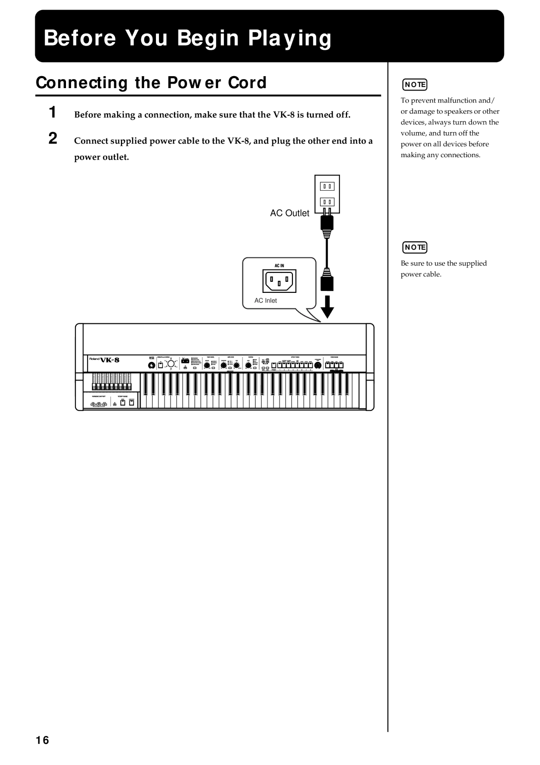 Roland VK-8 owner manual Before You Begin Playing, Connecting the Power Cord 