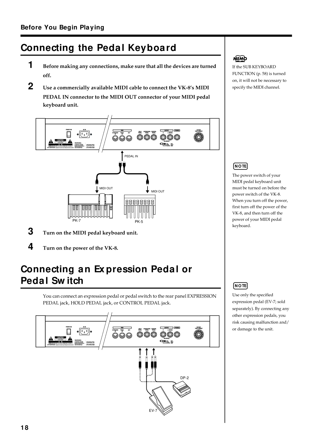 Roland VK-8 owner manual Connecting the Pedal Keyboard, Connecting an Expression Pedal or Pedal Switch 