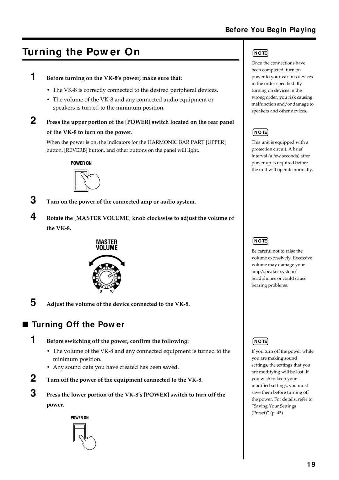 Roland VK-8 owner manual Before You Begin Playing 