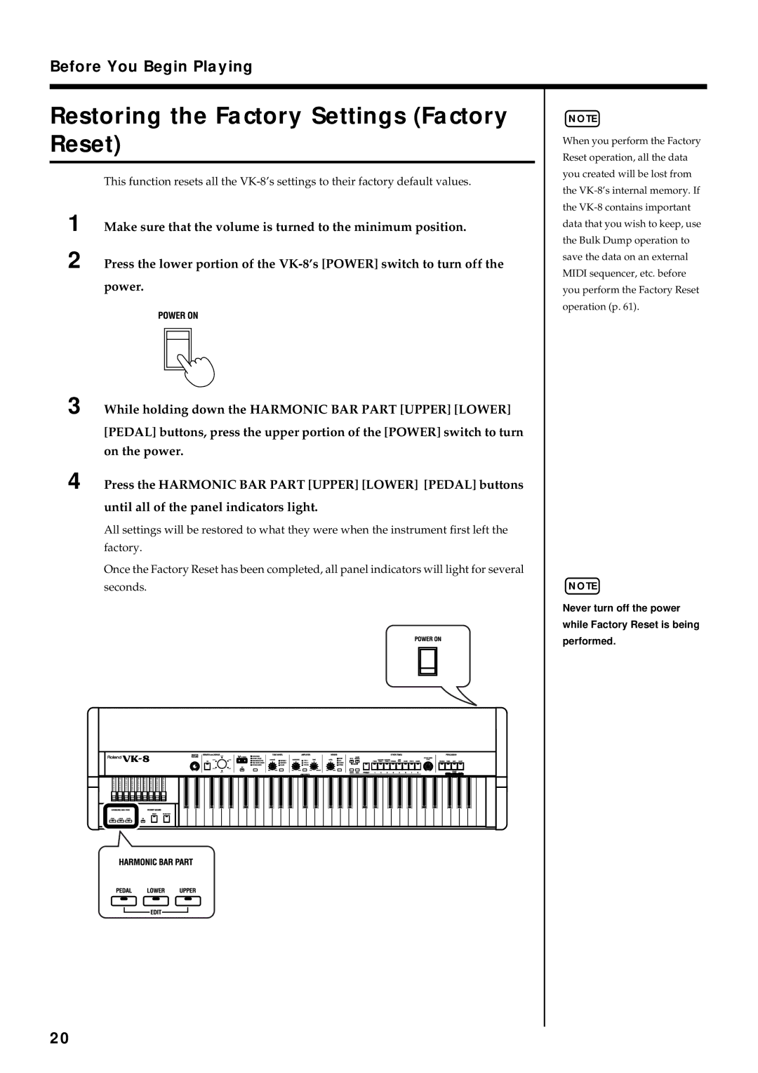 Roland VK-8 owner manual Restoring the Factory Settings Factory Reset 