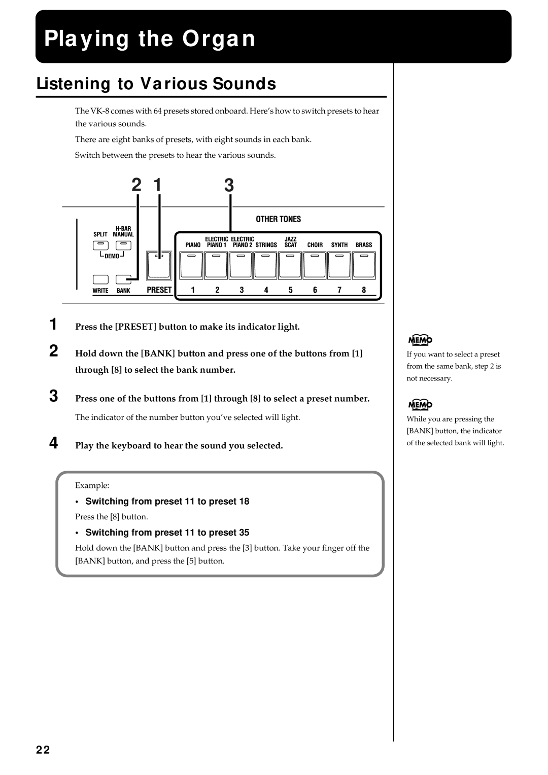 Roland VK-8 owner manual Playing the Organ, Listening to Various Sounds, Play the keyboard to hear the sound you selected 