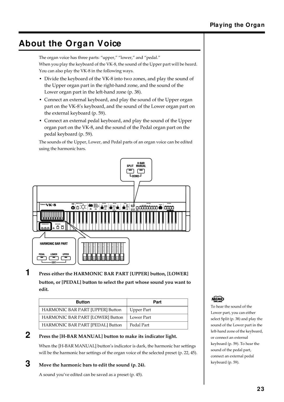 Roland VK-8 owner manual About the Organ Voice, Press the H-BAR Manual button to make its indicator light, Button Part 