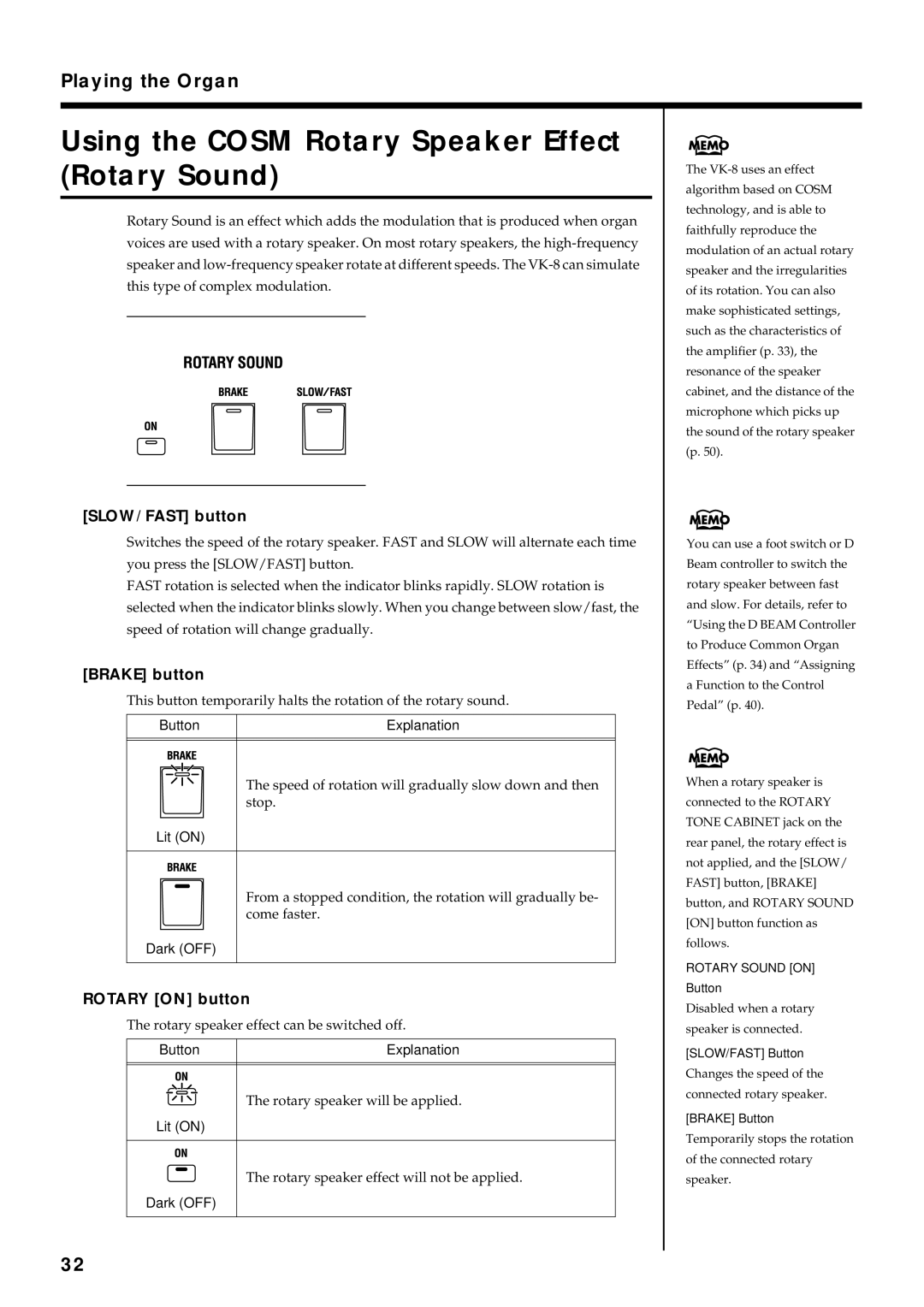 Roland VK-8 Using the Cosm Rotary Speaker Effect Rotary Sound, SLOW/FAST button, Brake button, Rotary on button 