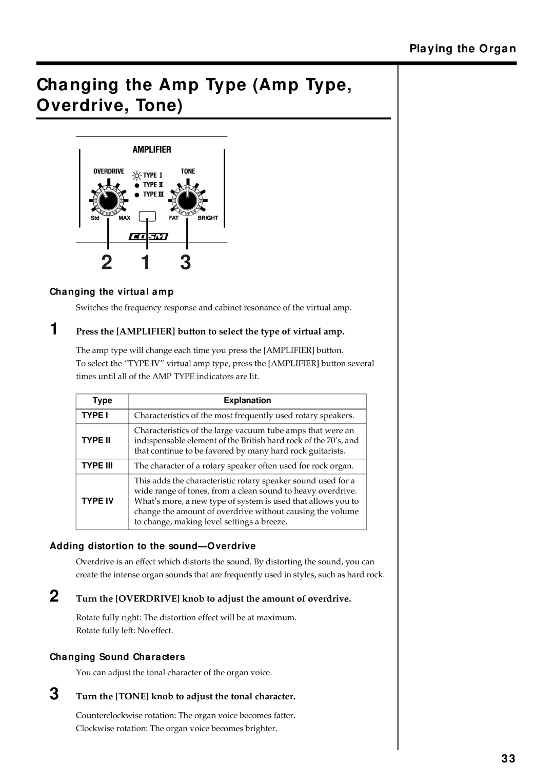 Roland VK-8 Changing the Amp Type Amp Type Overdrive, Tone, Changing the virtual amp, Changing Sound Characters 