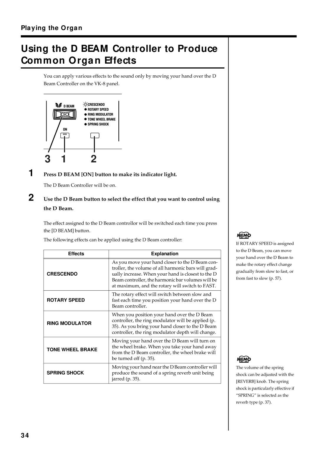 Roland VK-8 owner manual Using the D Beam Controller to Produce Common Organ Effects 