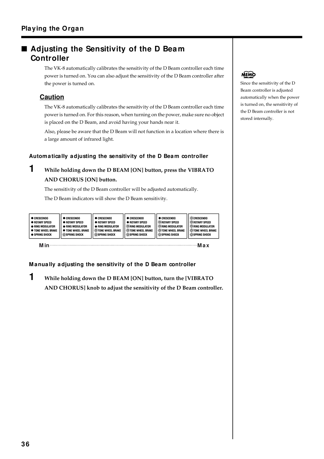 Roland VK-8 owner manual Adjusting the Sensitivity of the D Beam Controller 