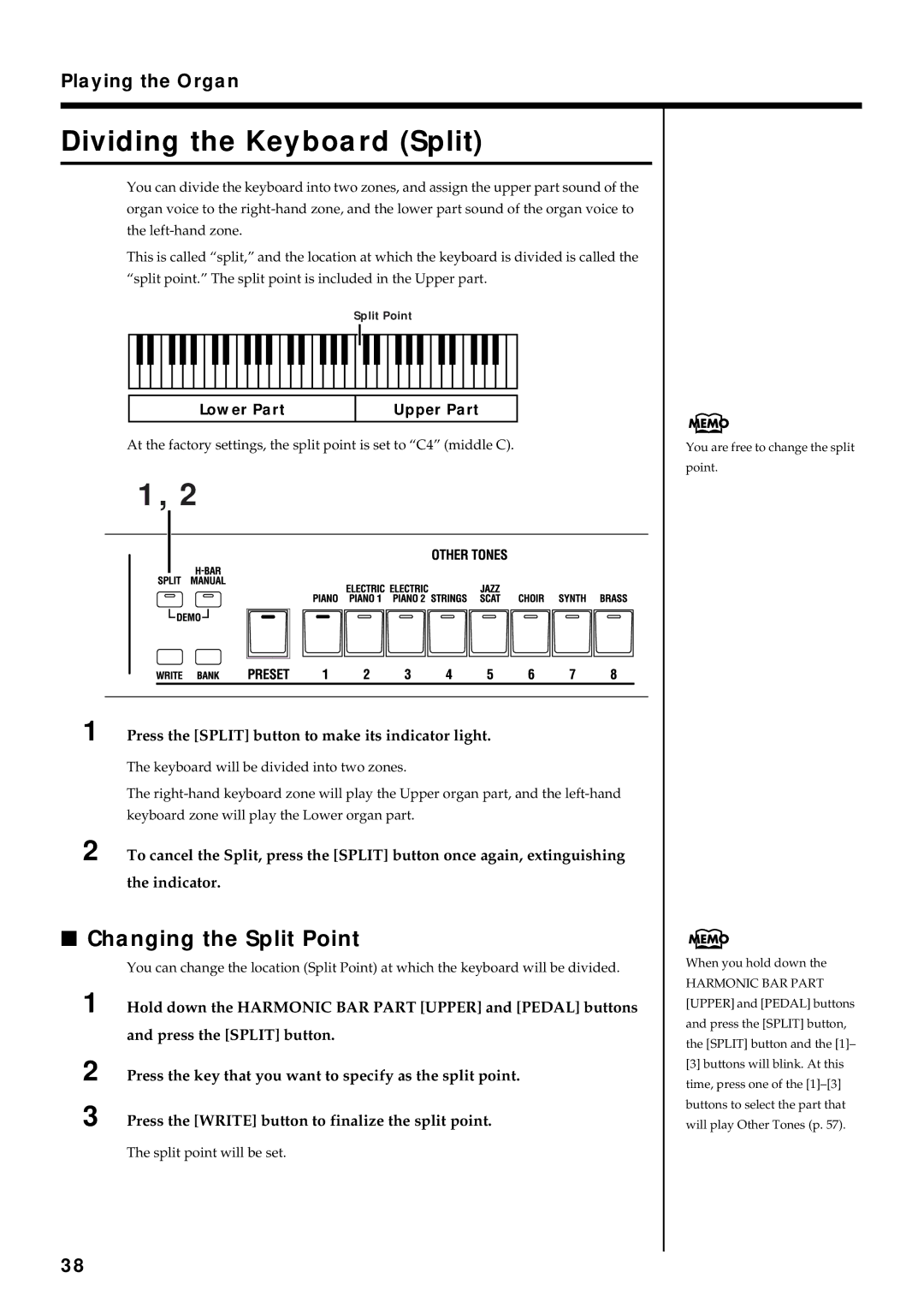 Roland VK-8 owner manual Dividing the Keyboard Split, Changing the Split Point, Lower Part Upper Part 