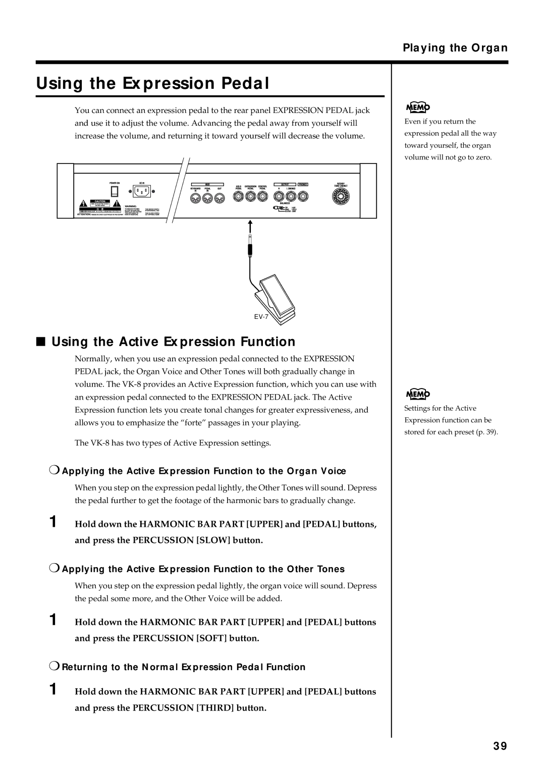 Roland VK-8 owner manual Using the Expression Pedal, Using the Active Expression Function 