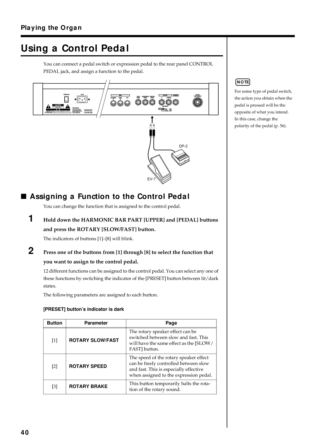 Roland VK-8 owner manual Using a Control Pedal, Assigning a Function to the Control Pedal, Rotary SLOW/FAST, Rotary Brake 