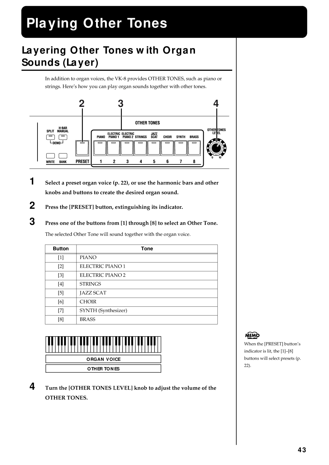 Roland VK-8 owner manual Playing Other Tones, Layering Other Tones with Organ Sounds Layer, Button Tone 