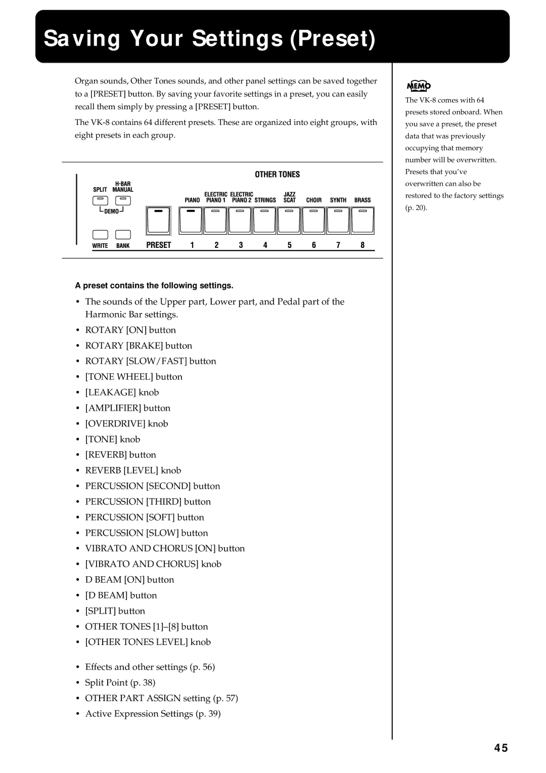 Roland VK-8 owner manual Saving Your Settings Preset, Preset contains the following settings 