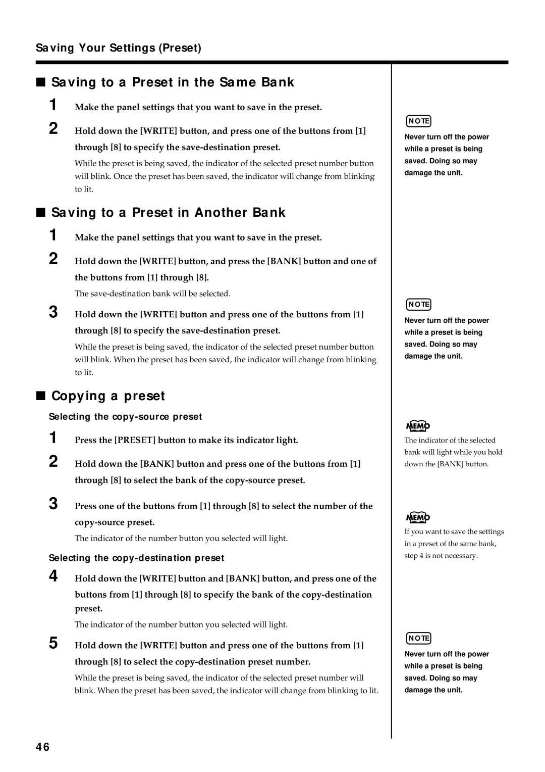 Roland VK-8 owner manual Saving to a Preset in the Same Bank, Saving to a Preset in Another Bank, Copying a preset 