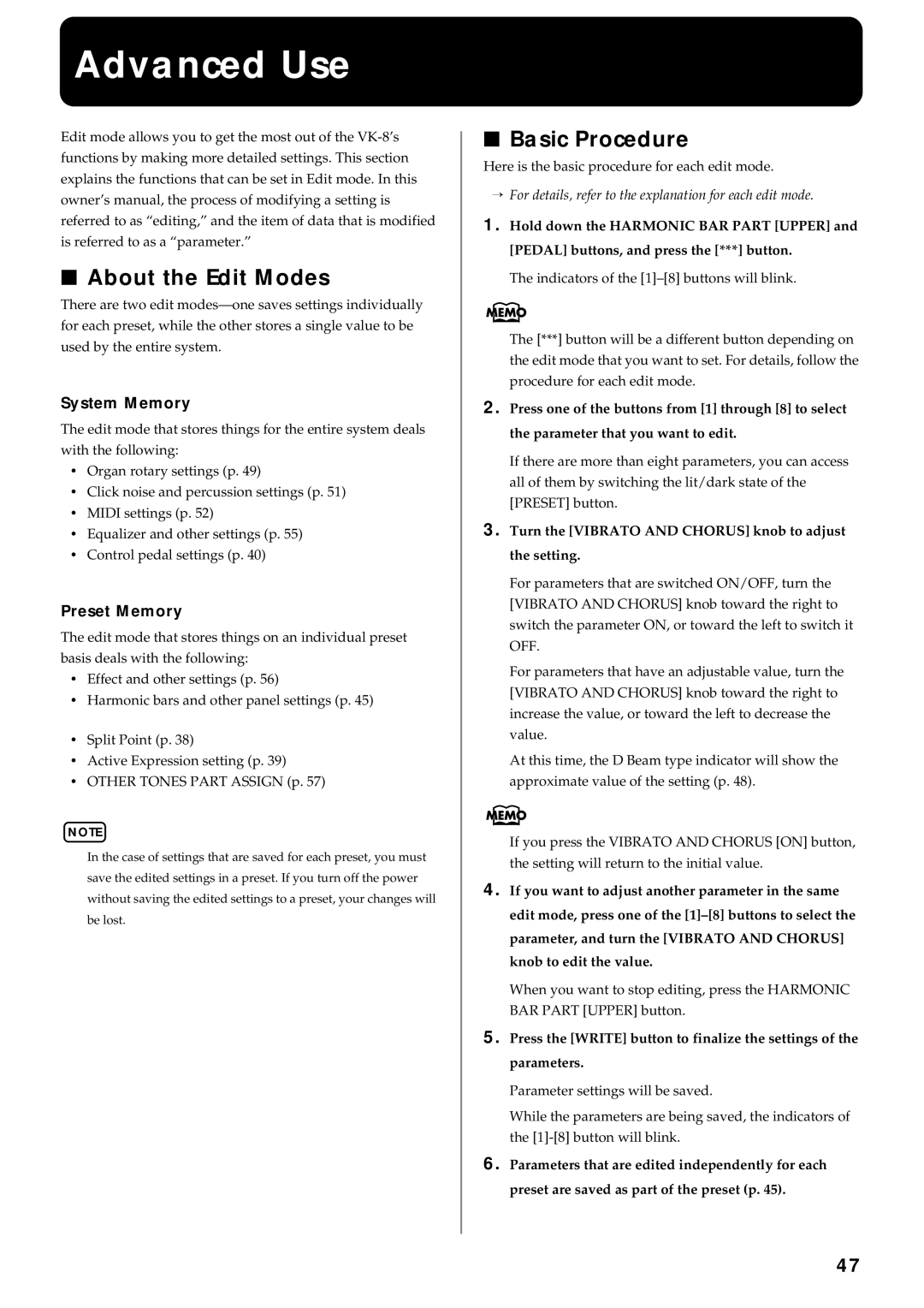 Roland VK-8 owner manual Advanced Use, About the Edit Modes, Basic Procedure 