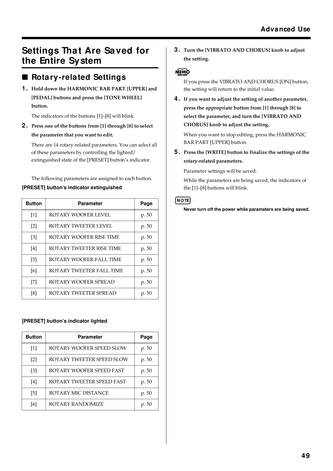 Roland VK-8 owner manual Rotary-related Settings, Preset button’s indicator extinguished Button Parameter 